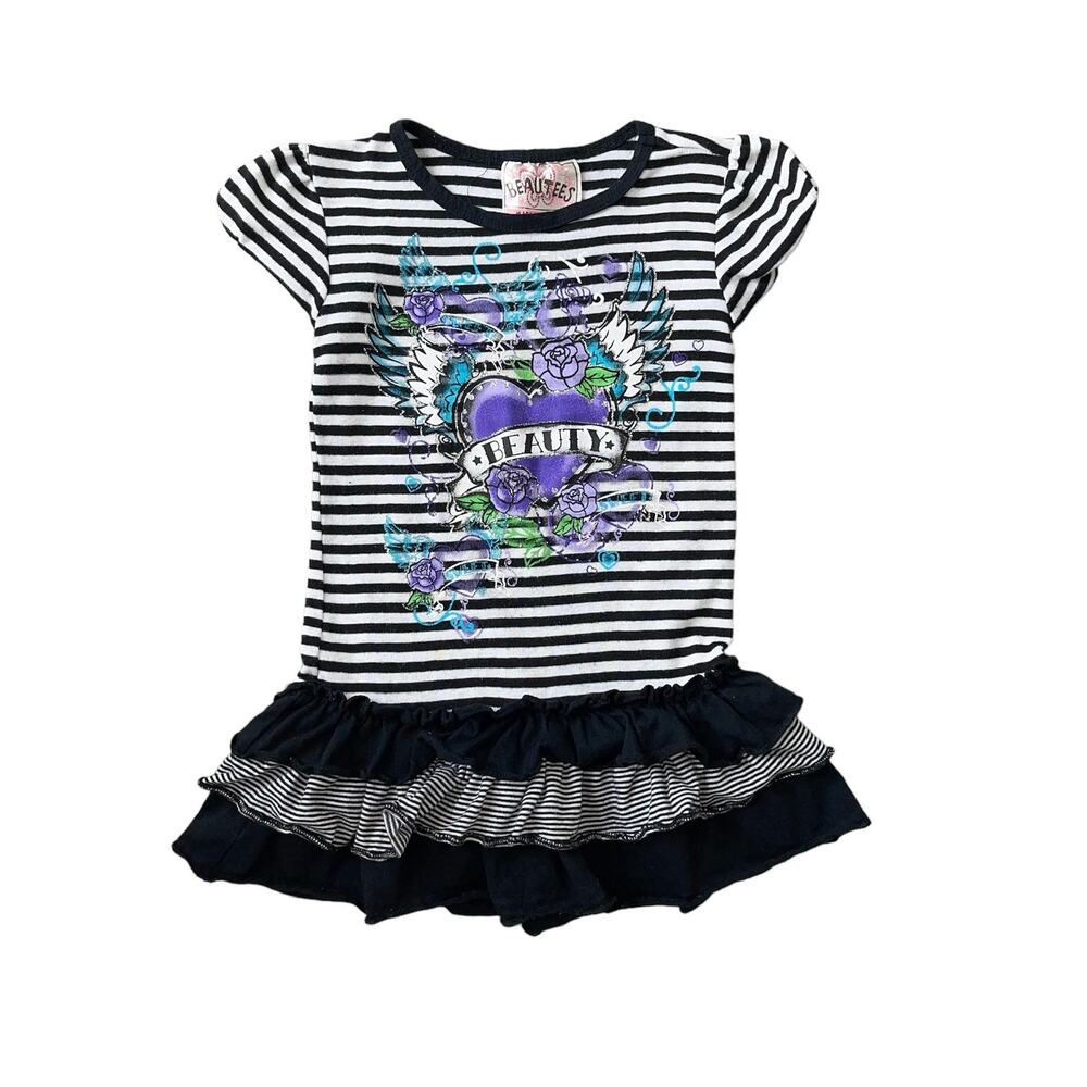 Girls 6 Black White Stripe Silver Glitter Purple Heart Rose Ruffle Tunic Top